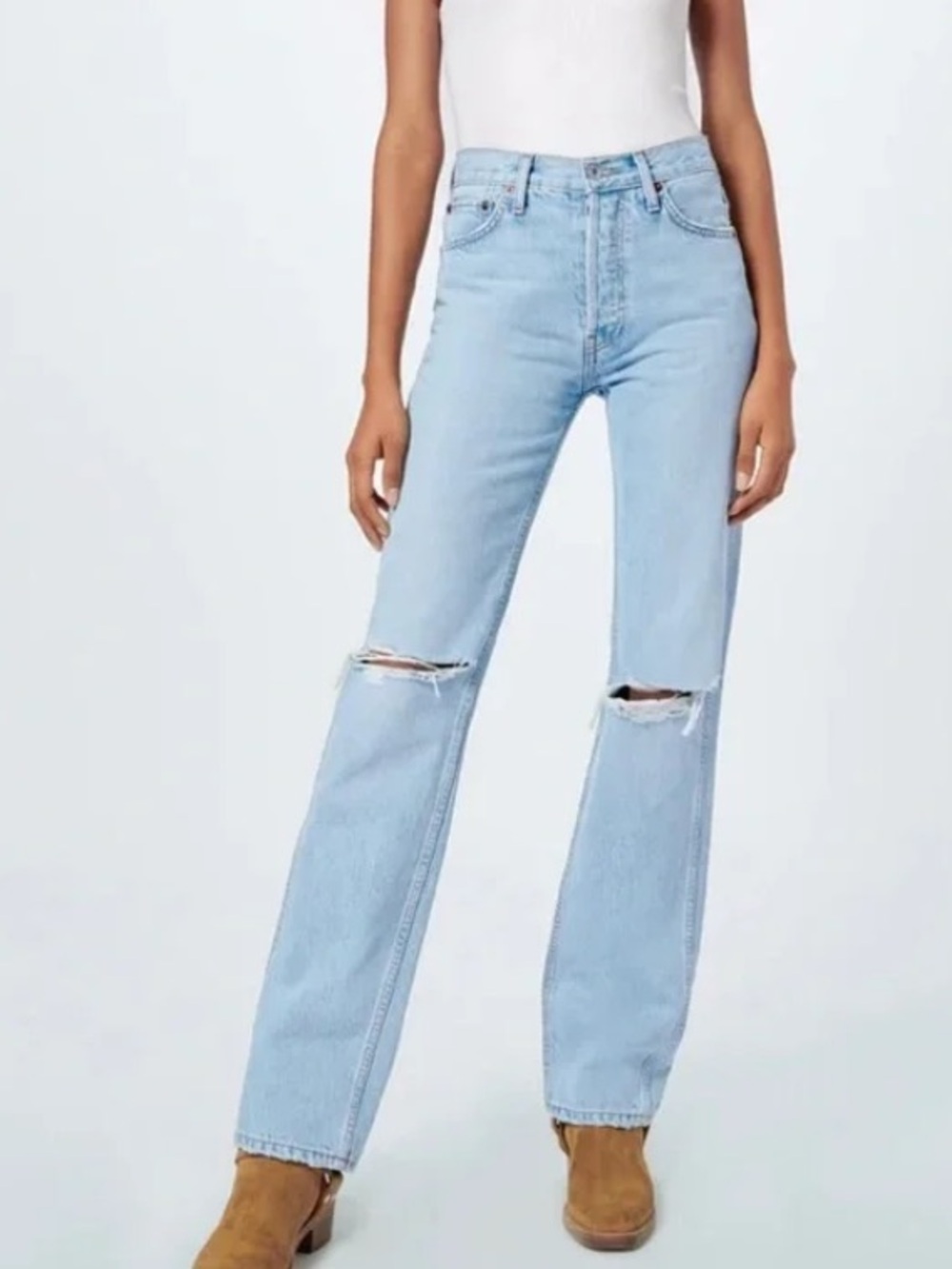 Re/Done Light Blue (Beach Destroy) High-Rise Ripped Knee Jeans. Size 26